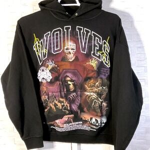 Darc Sport Mori Awaits Vintage Pierce Hoodie Mens L Black Wolves Skull Graphic